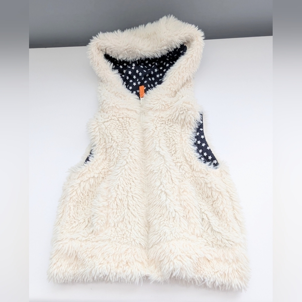 Me Jane Kids' (Size 6) White/Off-White Faux-Fur Zip-Up Vest with Hood